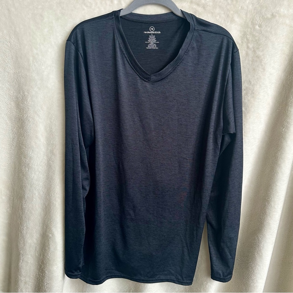 Realessentials Mens Black UPF 50 Quick Dry V-Neck Long Sleeve Sun Shirt‎ Sz L